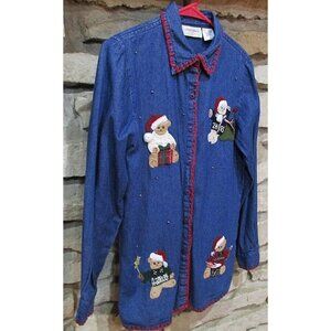 Blue Denim Shirt Top Lemon Grass Size S Christmas Bears Cotton Blanket Stitch